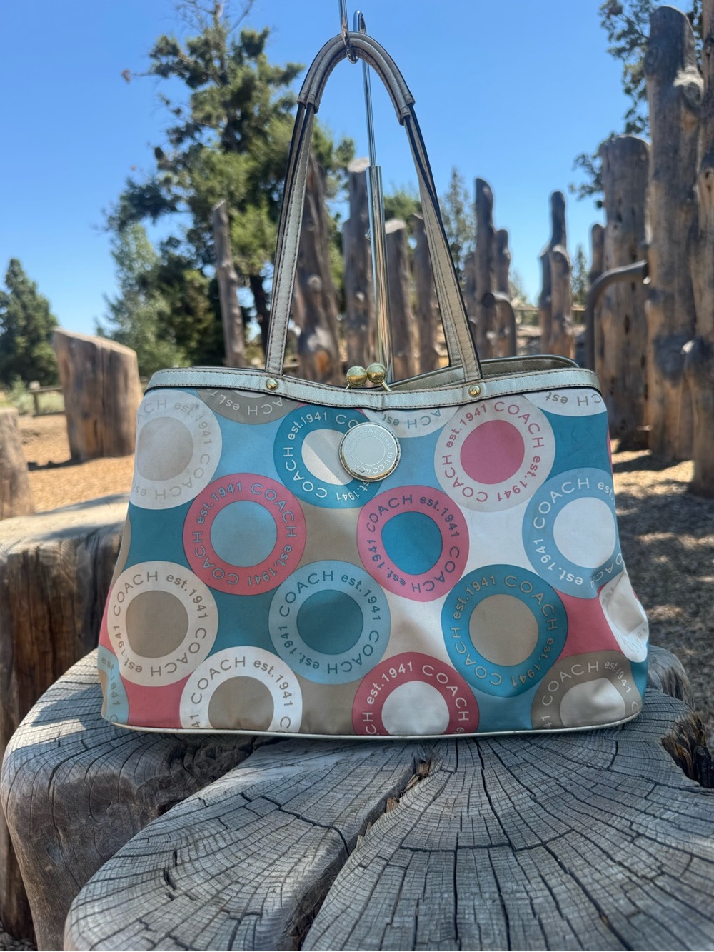 Vintage Coach Y2K Snaphead Multicolor Circle Kiss-Lock Carryall Tote 💖✨